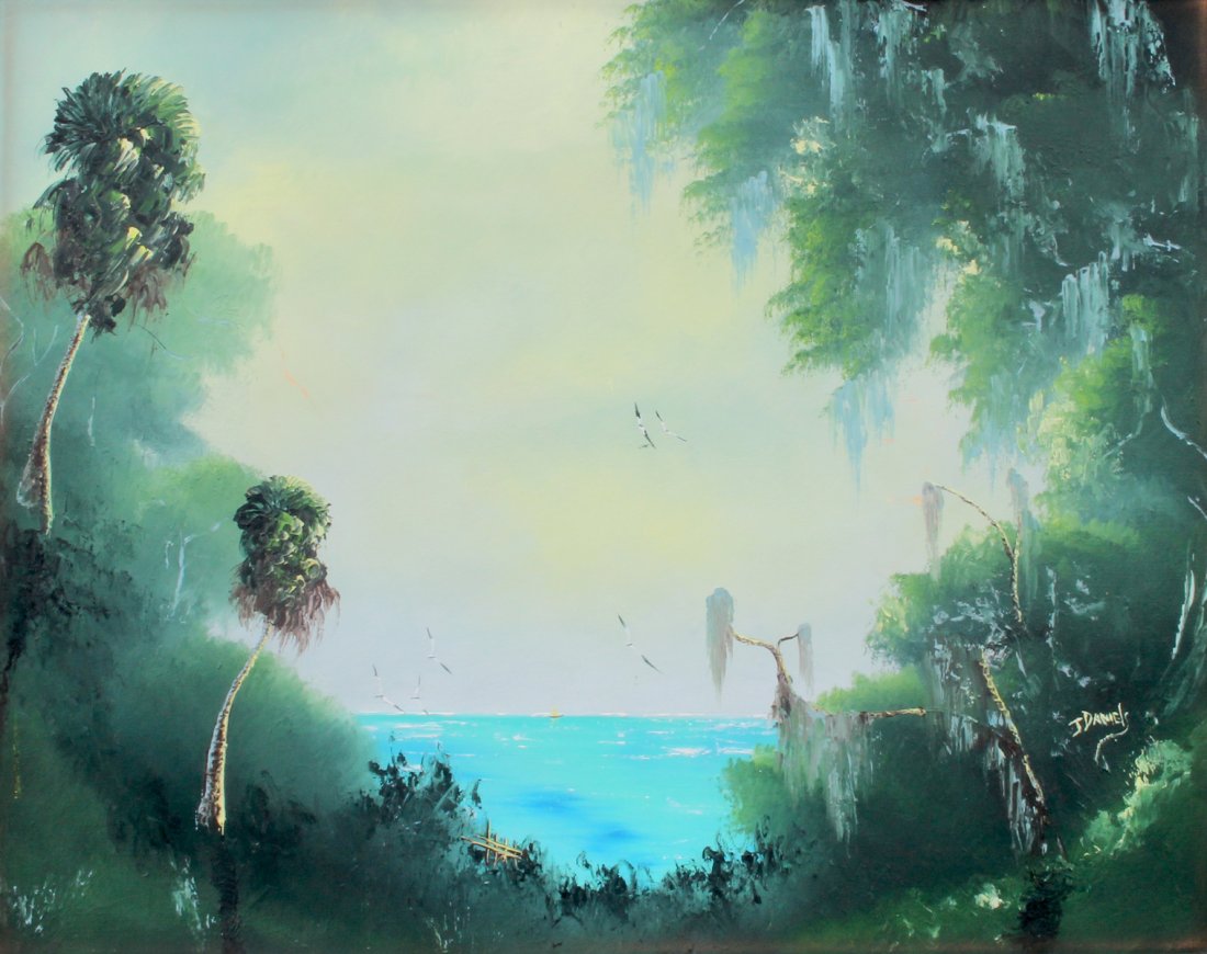 JOHNNY DANIELS FLORIDA HIGHWAYMEN PAINTING: DANIELS, Johnny, (American, 1954-2009): View of Water through the Moss a Florida Highwaymen Scene, Oil/Upson Board, 24" x 30", signed lower right, framed 25.50" x 31.50".