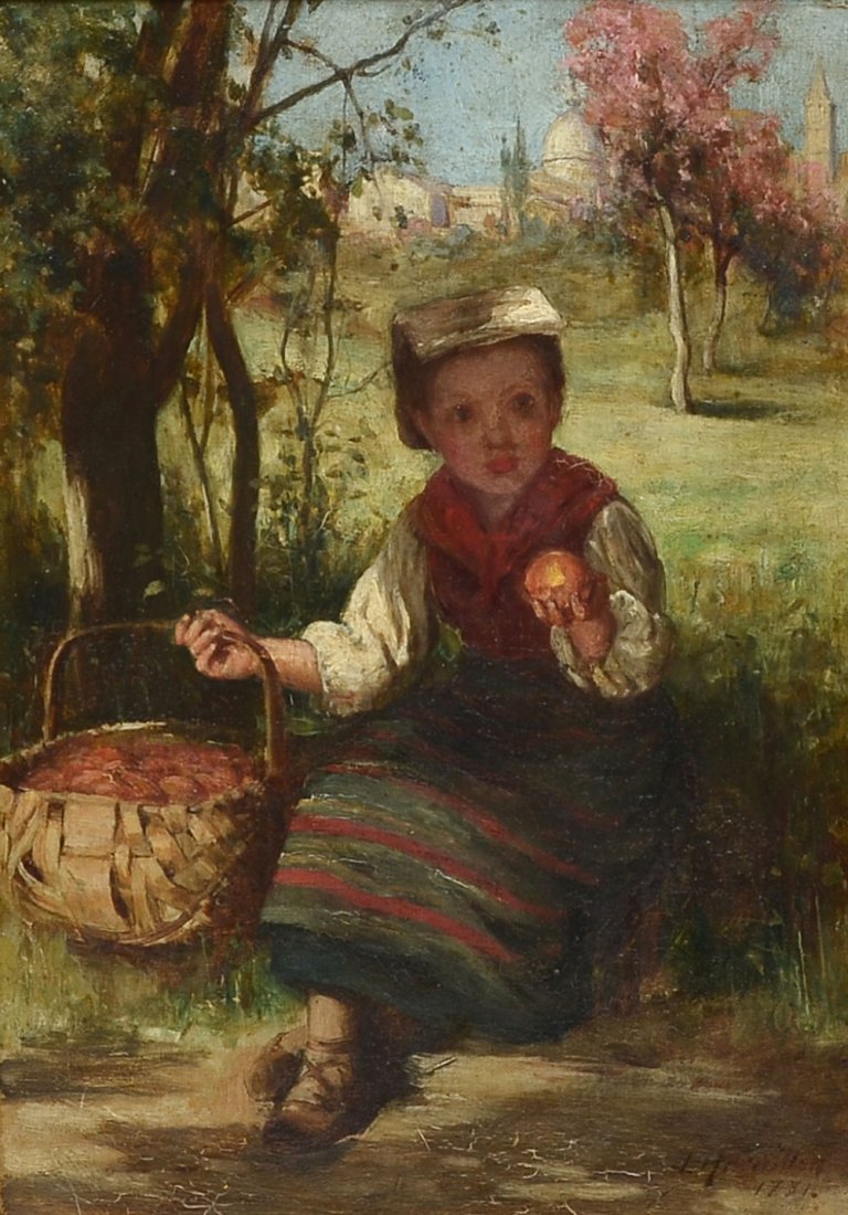 JAMES HAMILTON A.R.S.A. PAINTING GIRL WITH APPLES: HAMILTON, James, (Irish, 1819-1878): A Young Girl with a Basket of Apples Under a Shady Apple Tree Outside the City, Oil/Canvas, 14" x 10", signed lower right, also marked on the canvas verso, fine gi