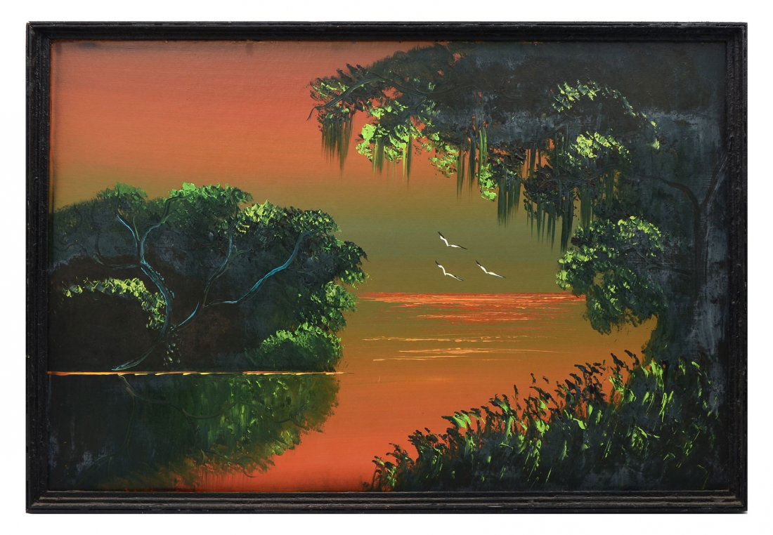 AL BLACK FLORIDA HIGHWAYMEN PAINTING AT DUSK: BLACK, Al (American, 1947): Florida Highwaymen Lagoon Scene at Dusk with Three Birds in Flight, Oil/Upson Board, 24" x 36", signed lower right, framed 25" x 37".