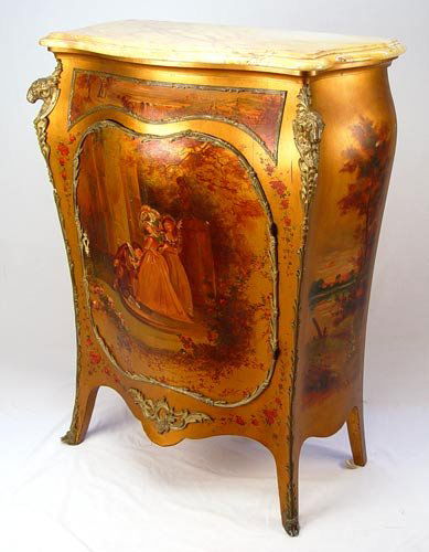 FRENCH GILT & PAINT DECORATED MARBLE TOP CABINET: FRENCH GILT AND PAINT DECORATED MARBLE TOP BOMBAY CABINET: Bombay cabinet, ormolu rams head mounts, hand painted front and sides with center door. Fabric lined interior. 45" high x 33" wide x 17 1/2"