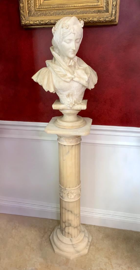 ITALIAN CARVED ALABASTER BUST W/ PEDESTAL: ITALIAN CARVED ALABASTER BUST W/ PEDESTAL: Bust of a Maiden signed Carlo XXX, 23" with plinth, maiden rests on book incised "Purgatorio di Dante", carved columnar alabaster pedastel with foliate accen