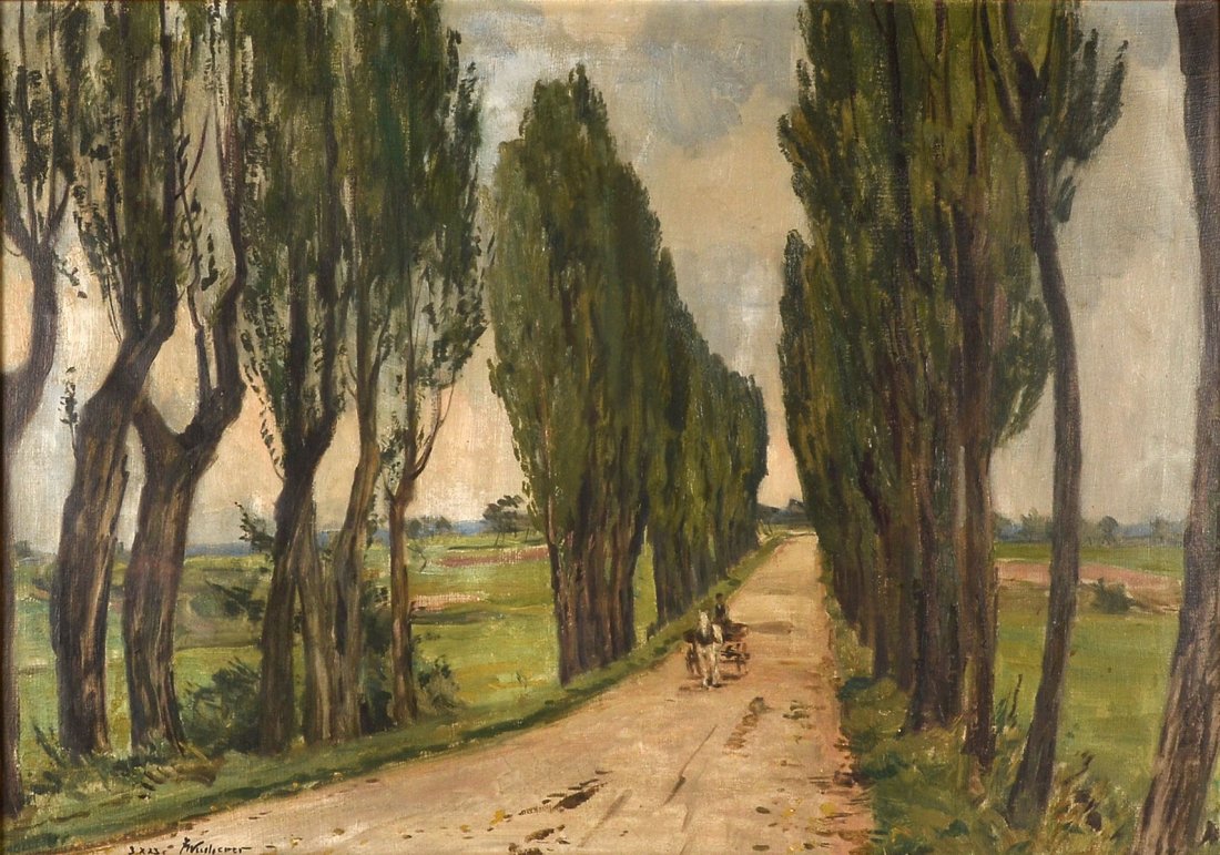 FRITZ WUCHERER LANDSCAPE PAINTING: WUCHERER, Fritz, (Swiss, 1973-1948): Tree Lined Dirt Road with Carriage Approaching, Oil/Canvas, 23.75" x 33.75", signed lower left, German inscription on the back of the canvas verso, fine period gil
