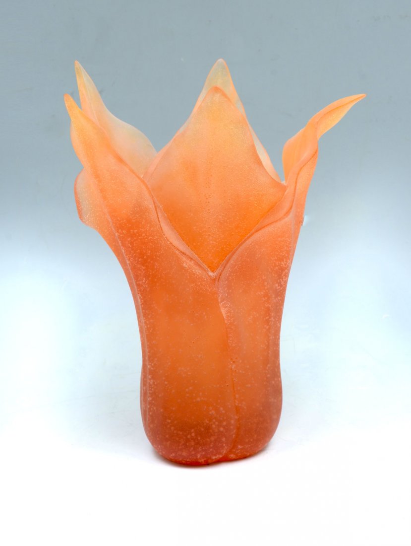 DAUM PATE DE VERRE FLORIFORM VASE: DAUM PATE DE VERRE FLORIFORM VASE WITH ORIGINAL BOX: French Pate De Verre art glass vase having a deep orange colored floriform. Etched signature at underside, Daum, France. Approx. 9'' h x 6.75'' w.