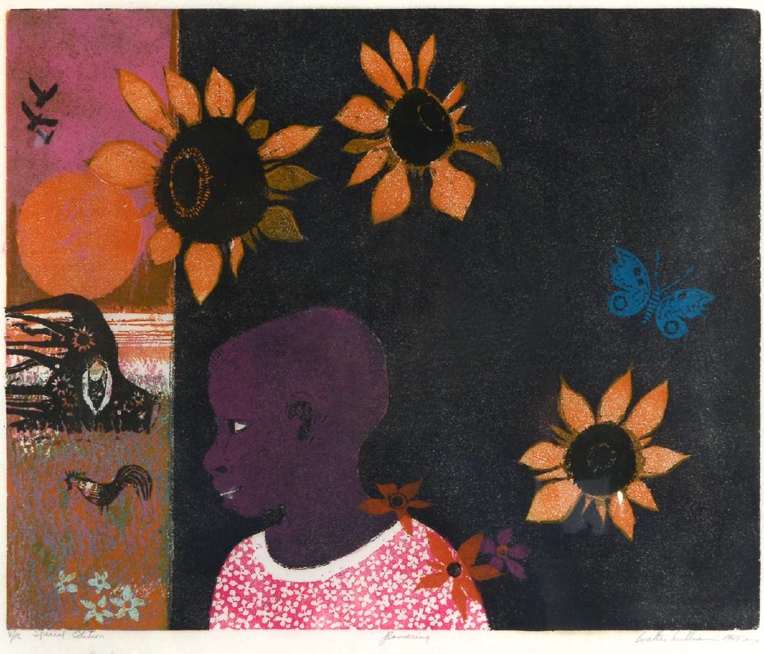 WALTER WILLIAMS AFRICAN AMERICAN WOODCUT: WILLIAMS, Walter, (American, 1920-1998): "Flowering", Color Woodcut, sight size is 22" x 26", pencil signed lower right and dated 1965, titled mid-margin, numbered 8/12 special edition lower left, fra
