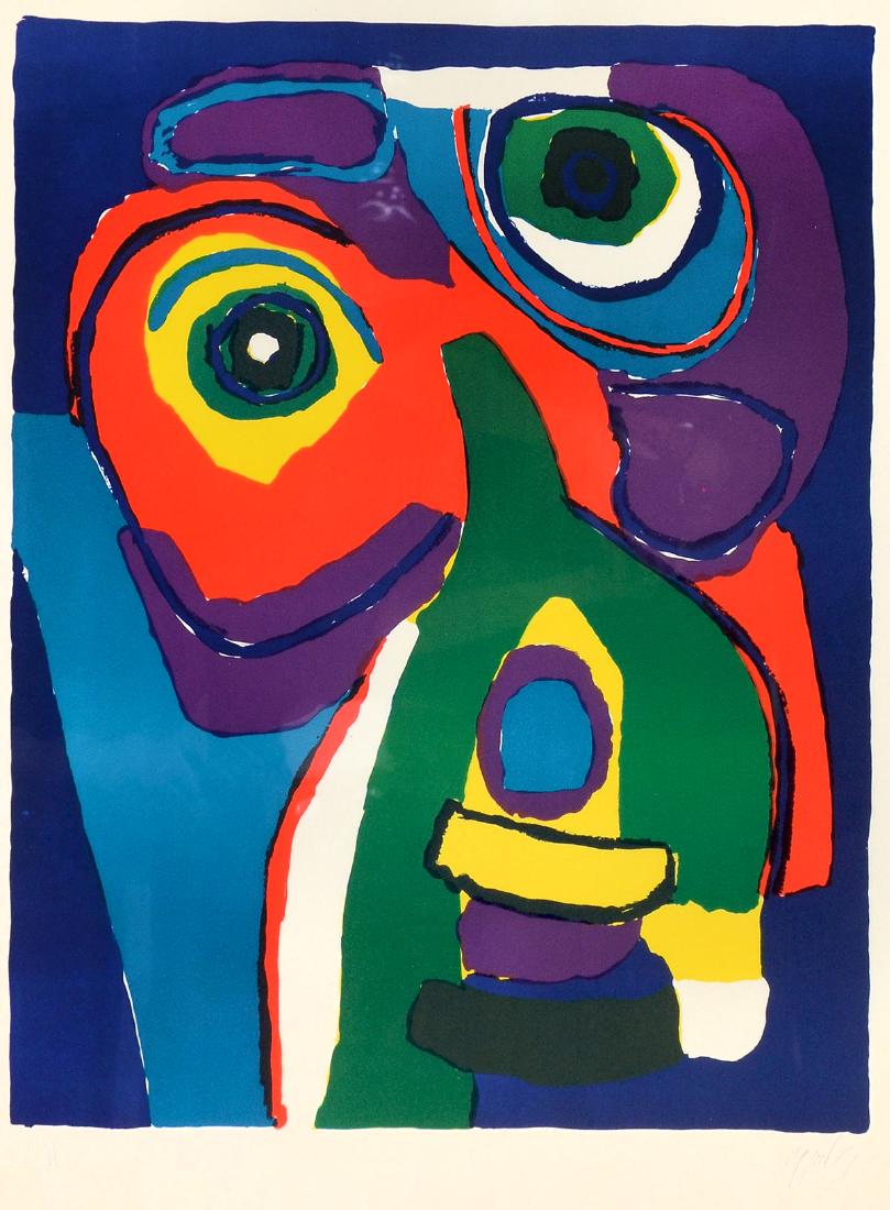 KAREL APPEL ABSTRACT FACE LITHOGRAPH: APPEL, Karel, (DUTCH, 1921-2006): Abstract Face, Lithograph, 30" x 22.25", pencil signed lower right and date '69, numbered 19/200 lower left, float mounted in the frame 38.50" x 29".