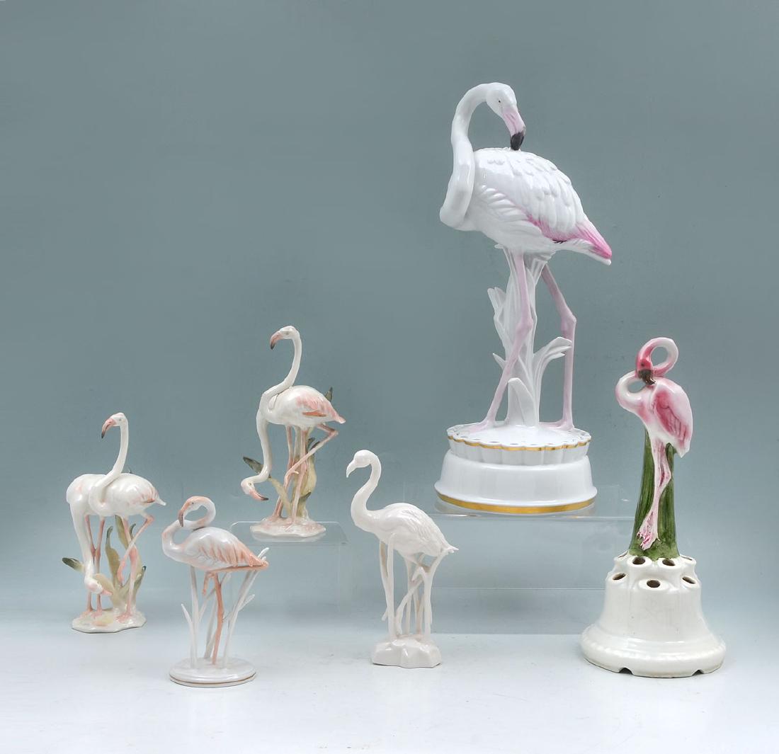 6 PC. PORCELAIN FLAMINGO COLLECTION: 6 PC. PORCELAIN FLAMINGO COLLECTION: Comprising; 1- Tall Rosenthal recumbent flower frog, 1- recumbent Goebel flower frog, 2- Rosenthal double flamingo figures, 1- Rosenthal single flamingo, & 1- Blan