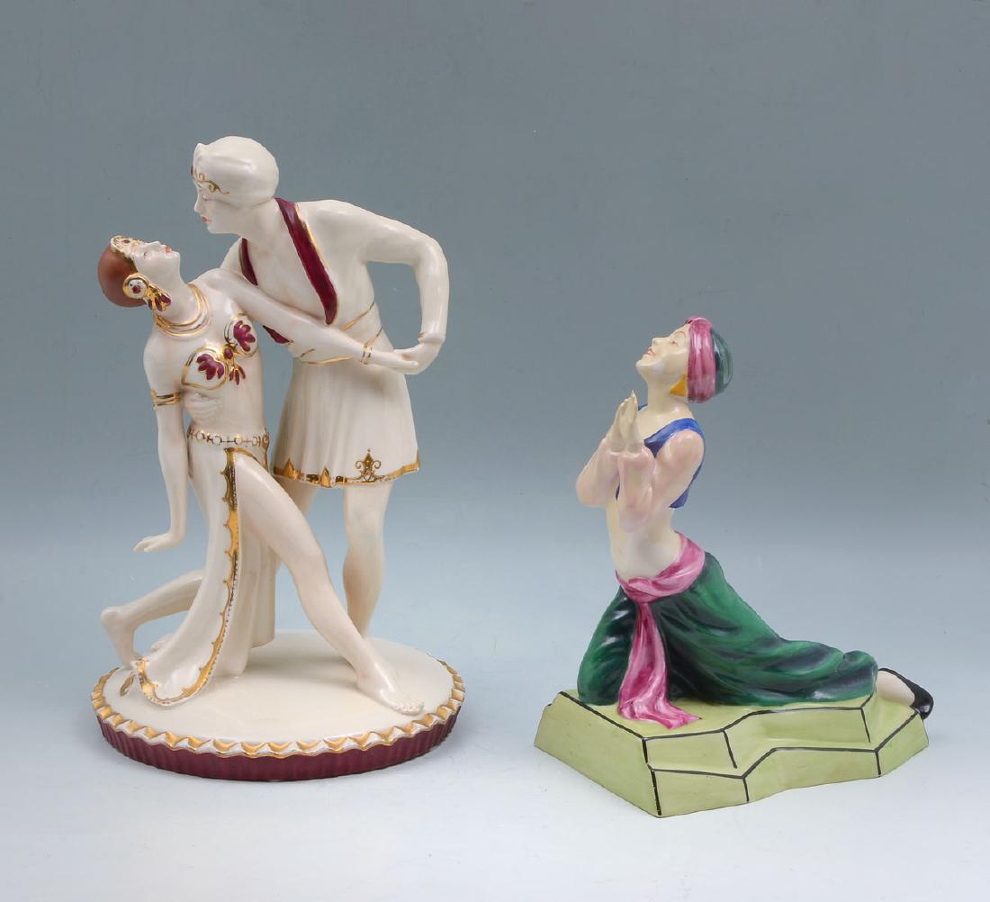 2 PC. ROYAL DUX FIGURES: 2 PC. ROYAL DUX FIGURES: Comprising 1- Art deco dancing couple, & 1- Art deco female bookend. Both bare the raised Royal Dux triangle. Largest Approx. 12'' h x 7.75'' w.