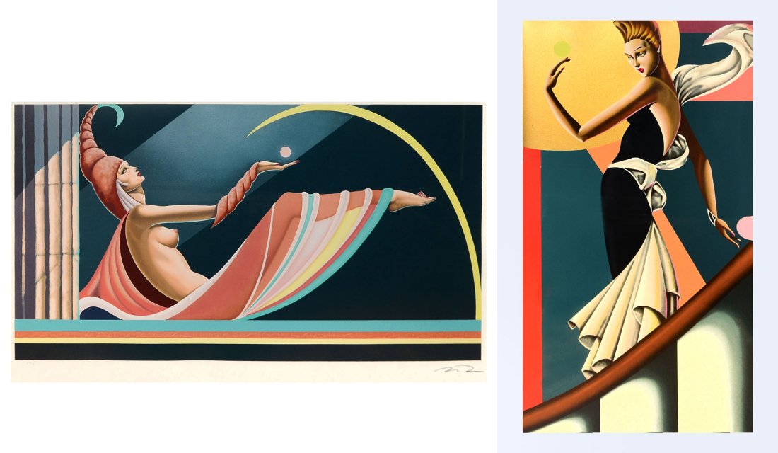 2 PC MOSER ART DECO SERIGRAPHS: 2 PC MOSER ART DECO SERIGRAPHS: 1) Standing Female, sight size 41.5" x 22.5", signed lower right, numbered 181/300 lower left, framed, 49.5" x 30.5"; 2) Reclining Deco Nude, sight size 23" x 38.5", si