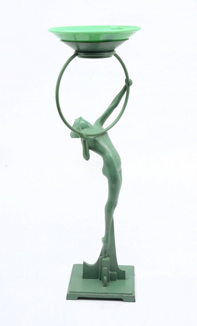 ART DECO NUDE FRANKART ASHTRAY STAND WITH INSERT: ART DECO NUDE FRANKART ASHTRAY STAND WITH INSERT: Tall Art Deco Frankart nude ashtray stand having the original green uranium milk glass ashtray insert. Marked with a Raised Frankart Inc., & Pat. Appl