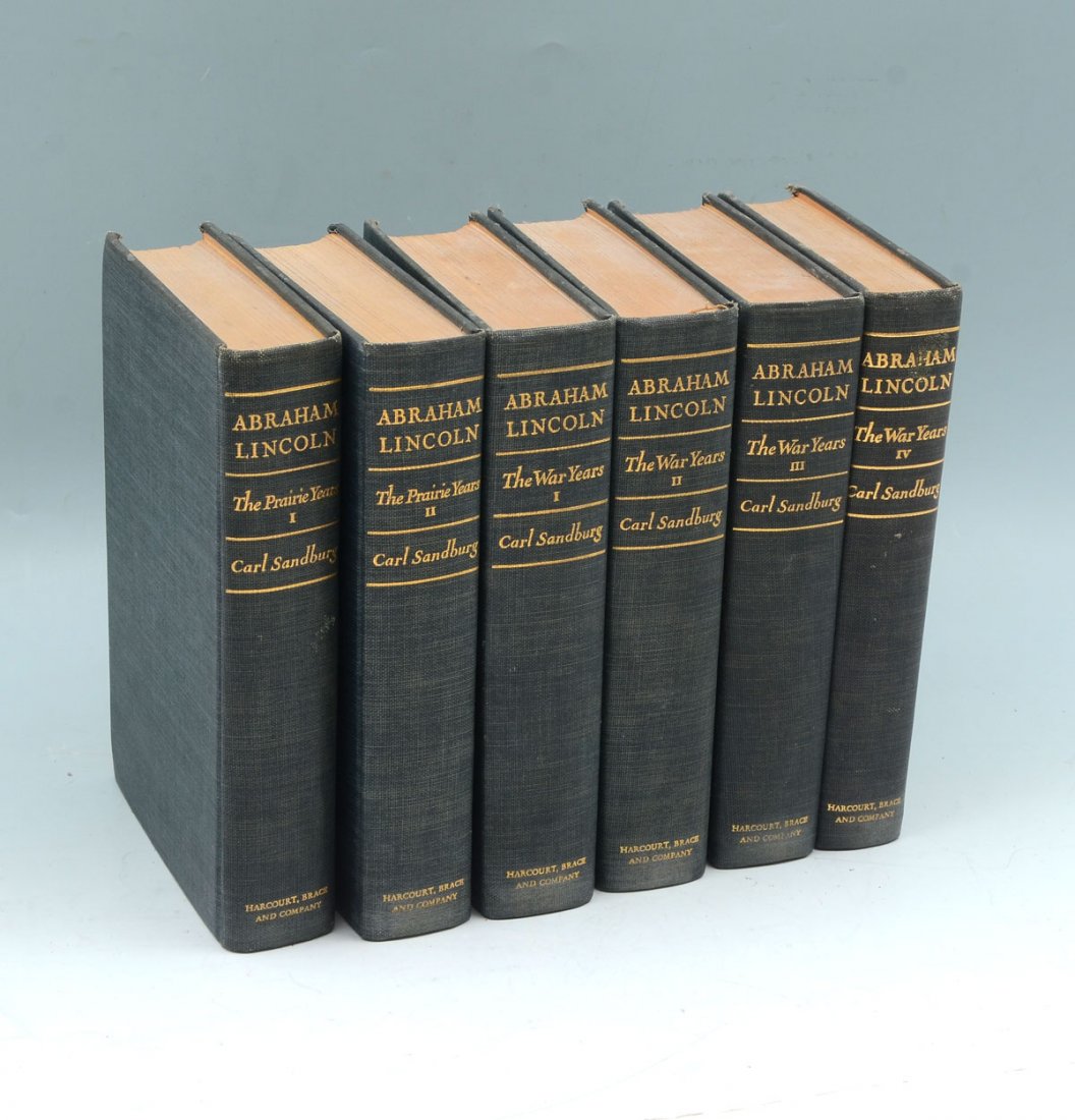 6 PC. ABRAHAM LINCOLN BOOKS: 6 PC. ABRAHAM LINCOLN BOOKS: Comprising; A complete 4 volume of "The War Years", 1 is a 1st Edition 1939, & the 2 volume set of "The Prarie Years". All having gold embossed bindings, by Carl Sandburg.