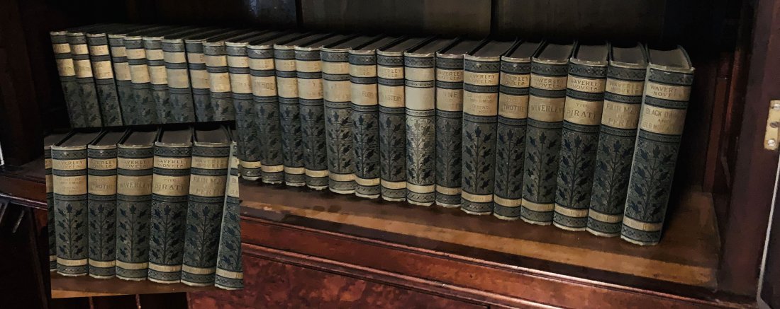 24 WAVERLY NOVEL BOOKS: 24 WAVERLY NOVEL BOOKS: Comprising 24 Waverly Novels by Sir Walter Scott having green bindings with embossed black foliate design & embossed gold medallion & spine. Some titles included but not limite