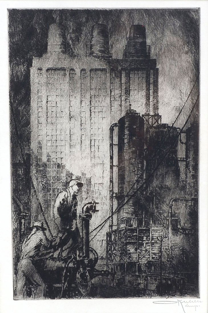 OTTO KUHLER ETCHING A GLIMPSE INTO THE FUTURE 1928: KUHLER, Otto, (German, 1894-1976): "A Glimpse Into the Future", Etching with Dry Point, sight size is 13" x 8.50", pencil signed lower right, the print was commissioned by the Construction Engineering