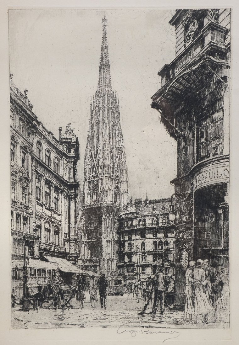 LUIGI KASIMIR ETCHING EUROPEAN CATHEDRAL: KASIMIR, Luigi, (Austrian, 1881-1962): European Street Scene with Cathedral, Etching, sight size is 17.75" x 13.75", pencil signed lower right, framed 19.50" x 15.50.