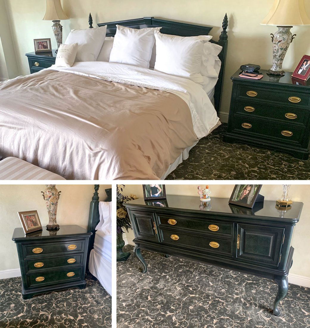 BERNHARDT BEDROOM SUITE: BERNHARDT BEDROOM SUITE: Green Bernhardt bedroom suite comprising; 2- 3 drawer nightstands with brass bail handles, 1- 2 drawer, 2 door dresser raised on cabriole legs, 1- Queen size headboard with sp