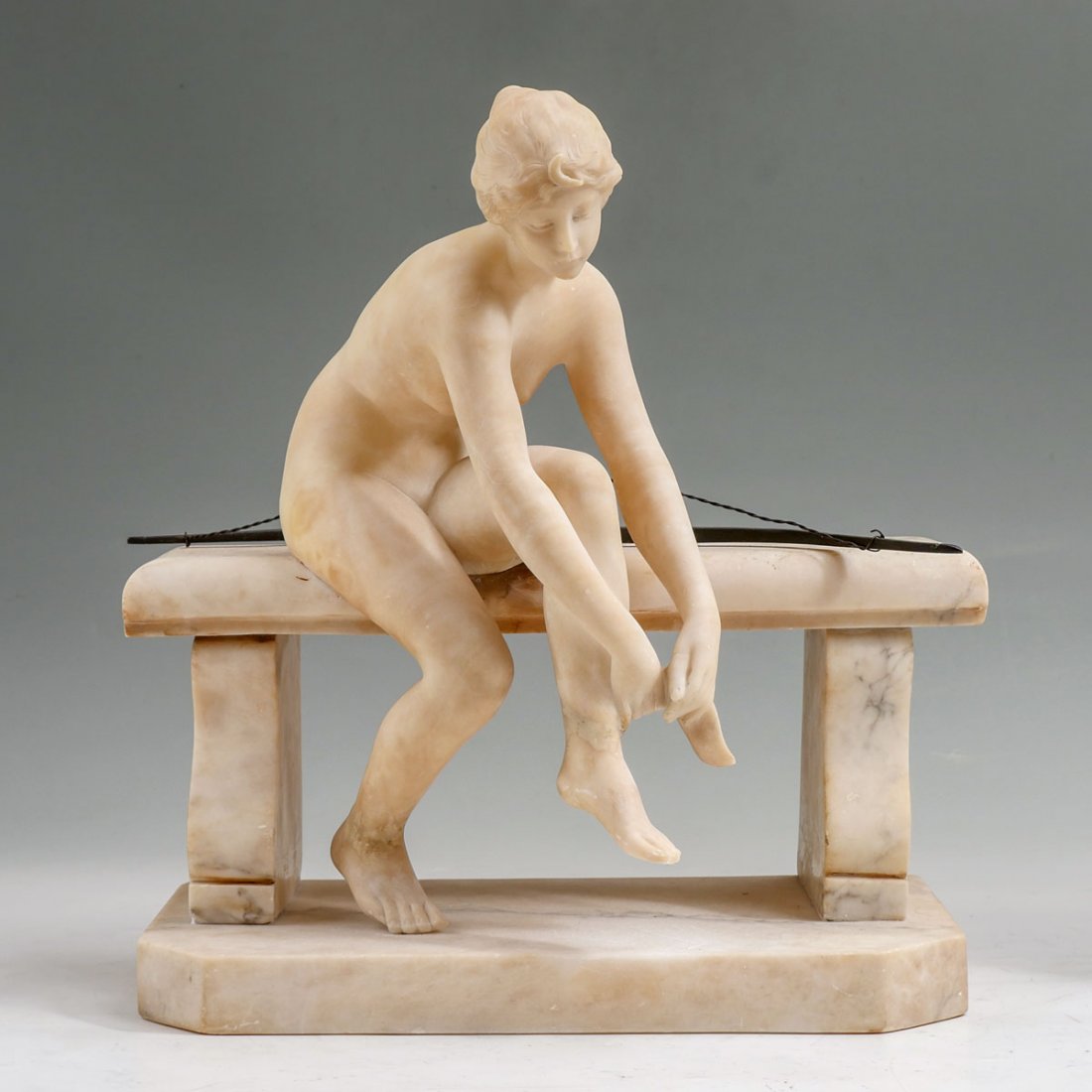 TURN OF THE C. ALABASTER SCULPTURE OF A NUDE MAIDEN: FINE TURN OF THE CENTURY ALABASTER SCULPTURE OF A NUDE MAIDEN SEATED ON A BENCH: Overall dimensions 17.75" x 16", no visible signature.