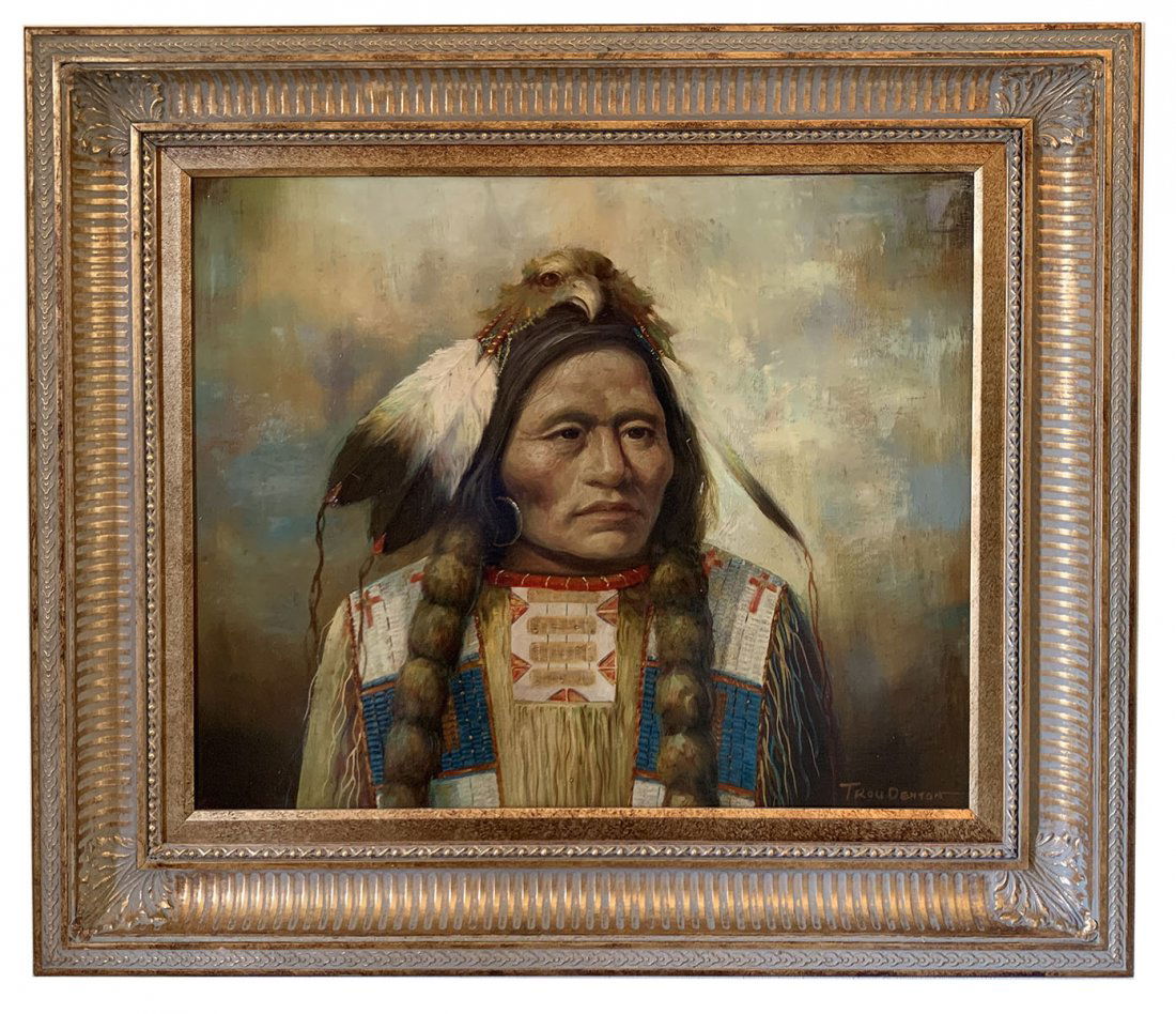 TROY DENTON OIL/CANVAS AMERICAN INDIAN: DENTON, Troy, (1949): Portrait of an Indian Chief, Oil/Canvas, 20" x 24", signed lower right, framed 28.50" x 32.25". It is believed the name Troy Denton to be a cover name for a copyist, especially o