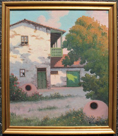 RAMOS CATALAN CHILEAN LANDSCAPE PAINTING: CATALAN, Ramos, (Chile, 1890-): Building Study, OIL/C, 24" x 20", signed, framed, 25 1/2" x 22 1/2". Several small flecks, needs cleaning.