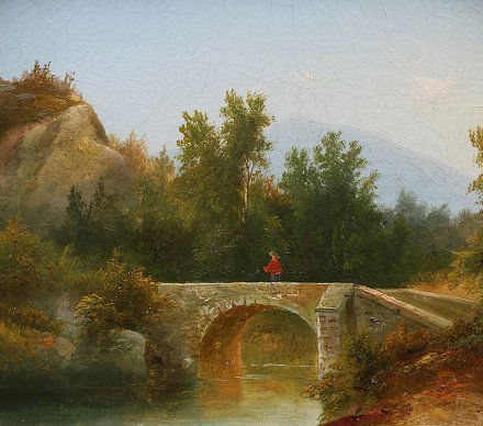 HUDSON RIVER OR WHITE MOUNTAIN SCHOOL PAINTING: HUDSON RIVER OR WHITE MOUNTAIN SCHOOL PAINTING: Figure on a Stone Bridge (David Johnson?), OIL/C, 10" x 12", unsigned, gesso frame with missing pieces and overpaint, 13 1/2" x 15 1/2". Some minor inpa