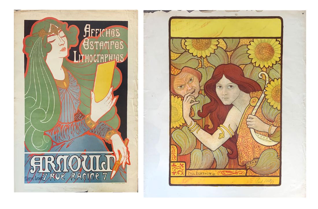 TWO VINTAGE FRENCH POSTERS: TWO VINTAGE FRENCH POSTERS: 1. Marcel Lenoir for Arnould, 25.50" x 18". 2. Paul Berthon Nouveau Lithograph Featuring a Young Harp Player Holding a Mask, 24.50" x 20" with margins, pencil signed lower