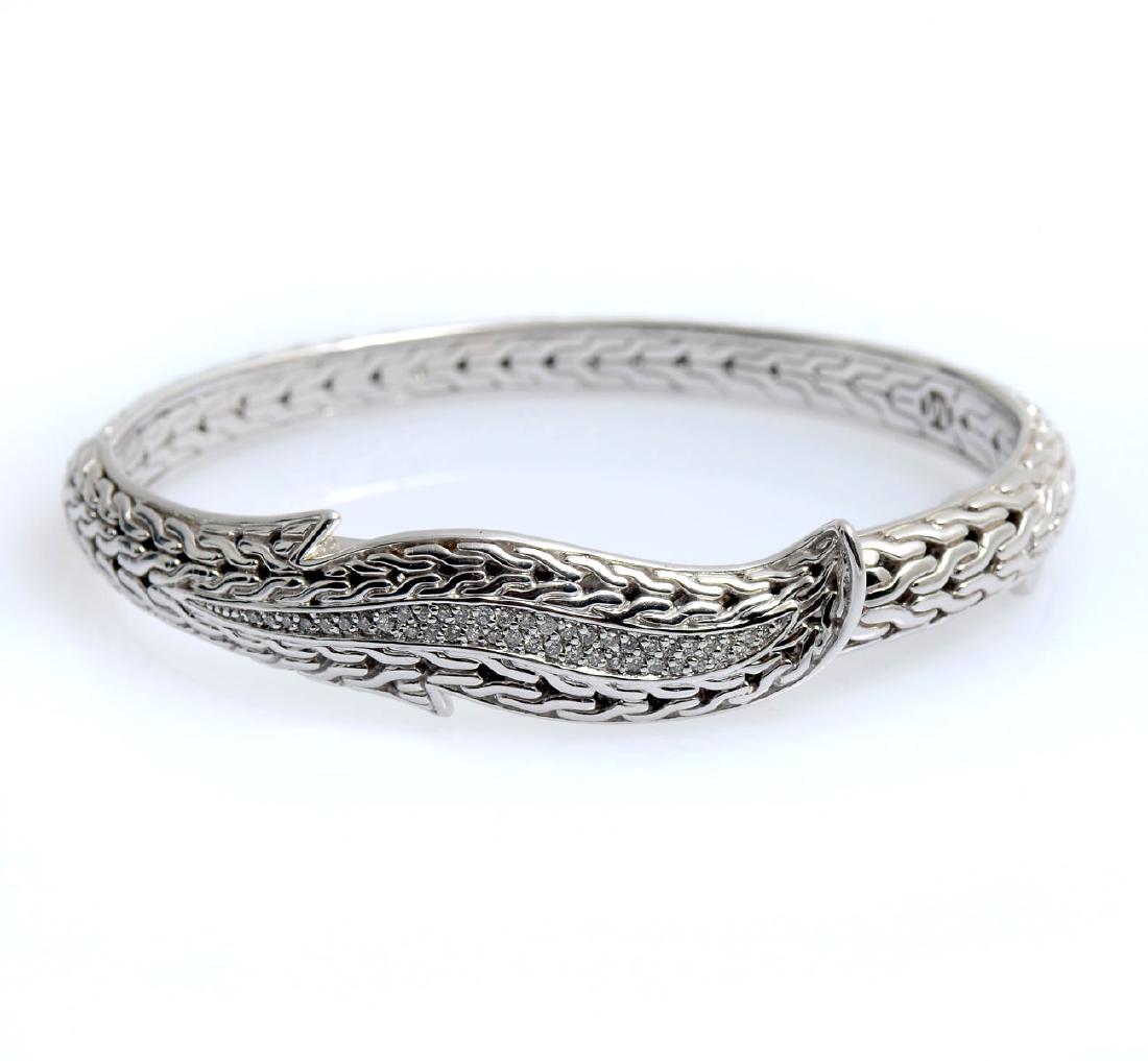 JOHN HARDY DIAMOND 18K & STERLING LEAF HINGED BRACELET: JOHN HARDY DIAMOND 18K & STERLING LEAF HINGED BRACELET: John Hardy Pave diamond leaf bangle bracelet. Woven solid sterling silver hinged bangle with elegant leaf design with diamonds pave set in 18 ka