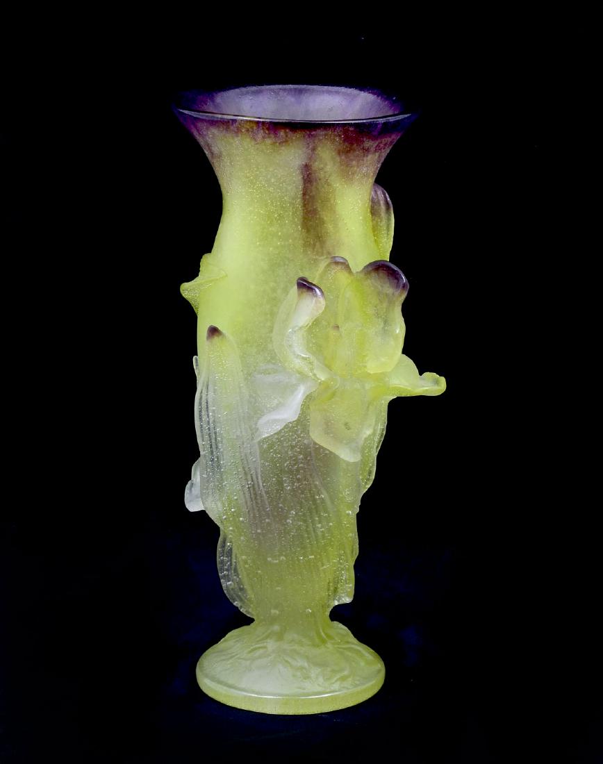 DAUM FRANCE PATE DE VERRE IRIS VASE: DAUM FRANCE PATE DE VERRE GLASS IRIS VASE: Pate De Verre glass vase having a raised encompassing Iris raised design. Lime green with clear & purple accents. Etched signature at side of foot, Daum, Fra
