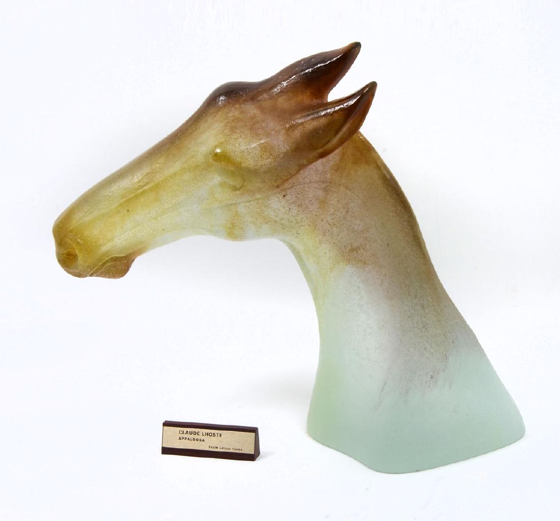 DAUM LIMITED EDITION PATE DE VERRE VASELINE GLASS: DAUM LIMITED EDITION PATE DE VERRE VASELINE GLASS HORSE HEAD SCULPTURE: #79 OF 200, Designed by Claude Lhoste for Daum is this Pate De Verre Vaseline glass horse head titled ''Appaloosa''. Raised ''Lh