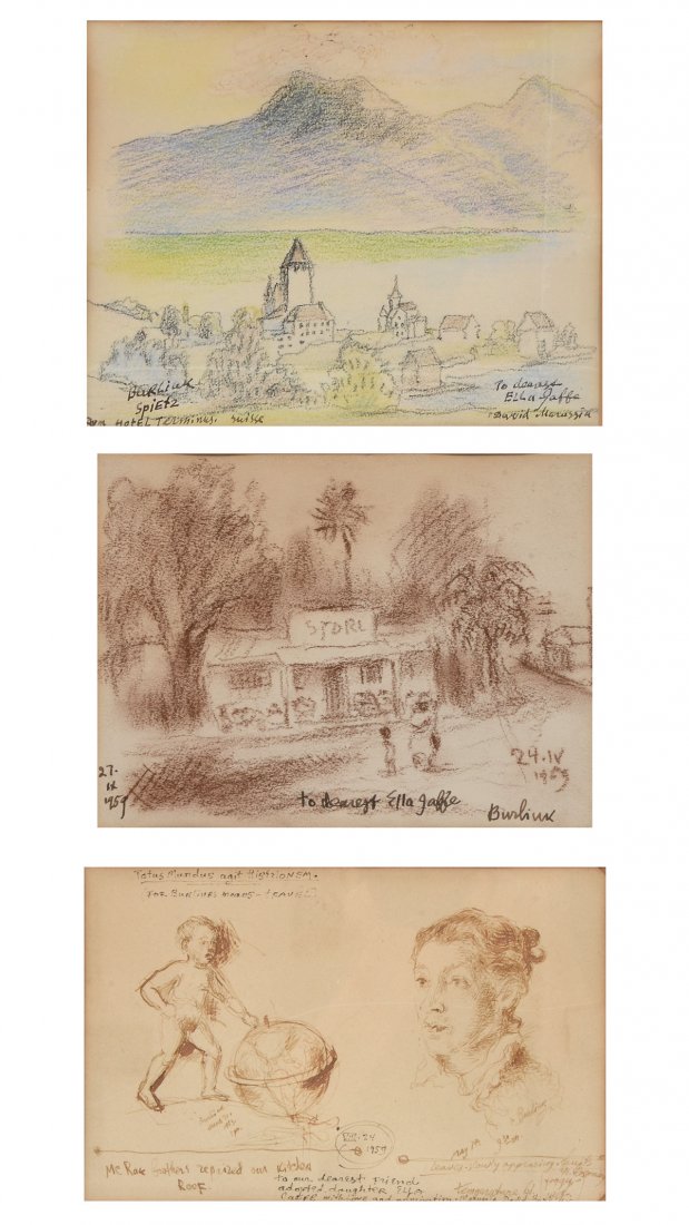 THREE DAVID BURLIUK ARTWORKS: THREE DAVID BURLIUK ARTWORKS: 1. A Travel Sketch Inscribed to Our Adopted Daughter Ella, Ink on Paper, sight size is 5" x 7.25", signed lower right, framed, 10.50" x 13.25". 2. Store, Brown Pastel on 