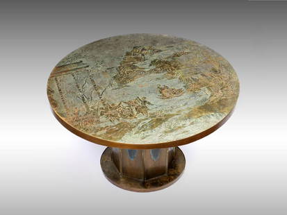 CUSTOM PHILIP & KELVIN LAVERNE ''TANG'' MOTIF TABLE: CUSTOM MADE PHILIP & KELVIN LAVERNE ''TANG'' MOTIF DINING TABLE: One of a kind custom made Philip & Kelvin Laverne dining table having a brutalist acid etched patinated bronze over wood with a Chinese