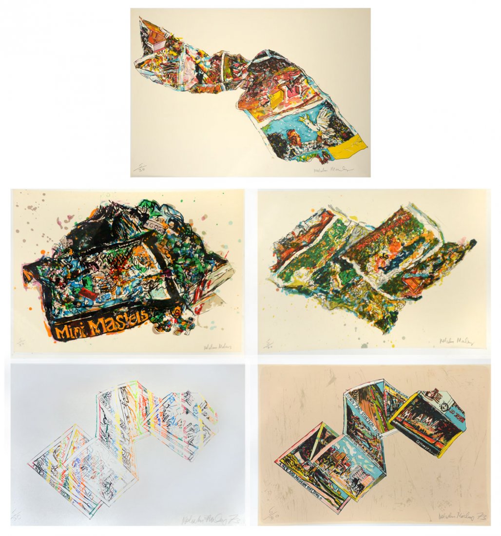 5-PIECE MALCOM MORLEY PORTFOLIO TITLED ARLES/MIAMI: MORLEY, Malcolm, (English, 1931-2018): Arles/Miami Lithograph Portfolio to Include: Miami Silver, Miami Postcard, Parrot Jungle Twist, Parrot Jungle, and Arles. 24" x 34", the first original hand draw