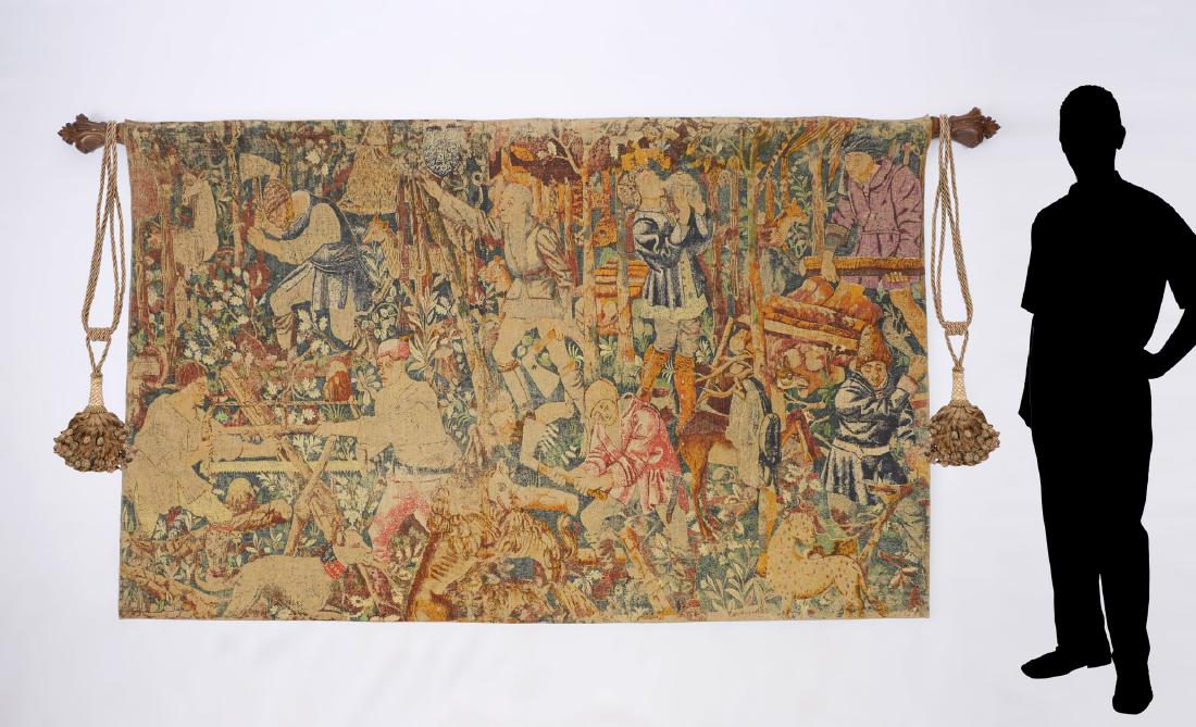 ALLAN WALLER LTD. RAMBOUILLET TAPESTRY: ALLAN WALLER LTD. RAMBOUILLET TAPESTRY: Created after the 16th C. Tournai Workshop Tapestry titled "Les Bucherons", 56" x 89", including adjustable hanging rods and tassels, sold with Allan Waller boo