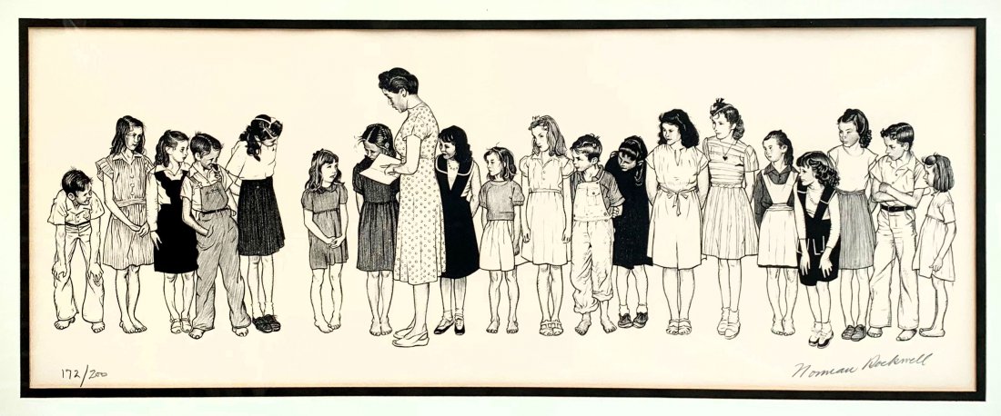 NORMAN ROCKWELL LITHOGRAPH SPELLING BEE: ROCKWELL, Norman, (American, 1894-1978): Spelling Bee, Lithograph, sight size is 10" x 26", pencil signed lower right, numbered 172/200 lower left, framed 18" x 32.50".