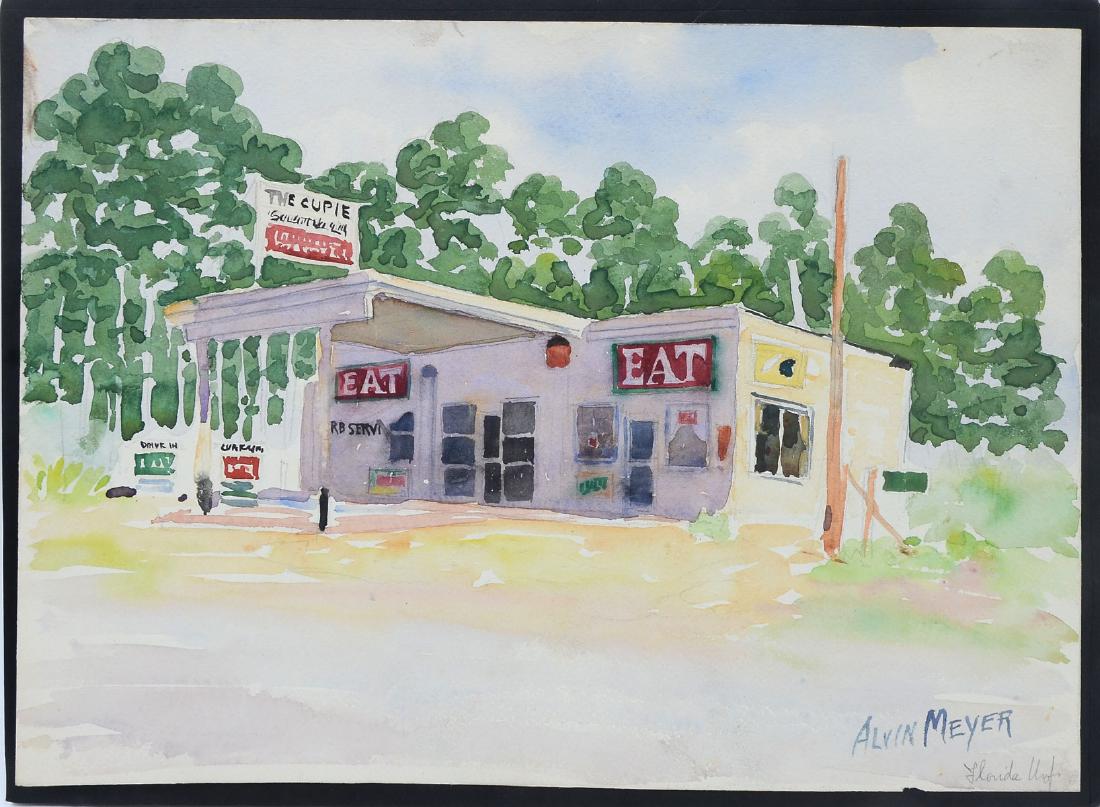 ALVIN MEYER THE CUPIE DRIVE-IN PAINTING: MEYER, Alvin, (American, 1892-1972): Florida Scene of the Cupie a Florida Drive-In, Watercolor, 9.75" x 13 3/8", signed lower right, unframed.
