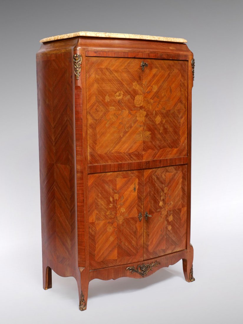 FRENCH INLAID SECRETAIRE ABBATANT: FRENCH INLAID SECRETAIRE ABBATANT: French marquetry inlaid Secretaire Abbatant having a drop front that reveal a compartmented interior & a gold embossed, red leather writing surface. 2 door lower sin