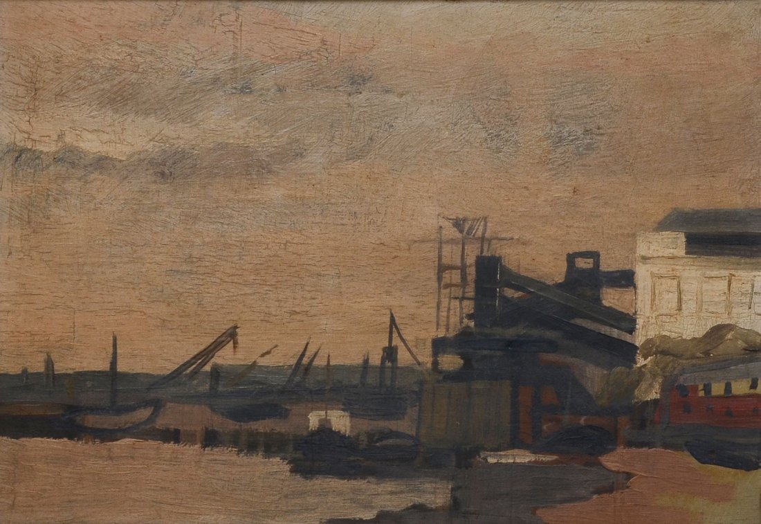 VLADIMIR BOBERMANN INDUSTRIAL WATERFRONT PAINTING: BOBERMANN, Vladimir, (Armenian, 1897-1977): Industrial Waterfront Scene La Tamise, Oil/Canvas, 8.50" x 13", handwritten label as well as typed partial gallery label affixed verso, framed 12.25" x 16.5