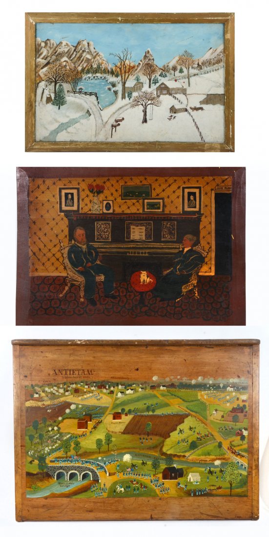 NAIVE FOLK-ART PAINTINGS: NAIVE FOLK-ART PAINTINGS: 1. Two-Sided Oil/Board by E.S. Johnson, first image is a slowly country village landscape, 13" x 20", signed lower left, verso is a reclining nude female figure, signed also 