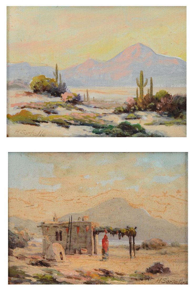 2 HERBERT SARTELLE DESERT LANDSCAPE PAINTINGS: SARTELLE, Herbert, (American, 1885-1955): 2 Desert Landscapes: 1) Depicts Cactus with Mountains in the Background, Oil/Canvas Board, 6" x 8", signed lower left, framed 9.50" x11.50". 2) Adobe Dwelling