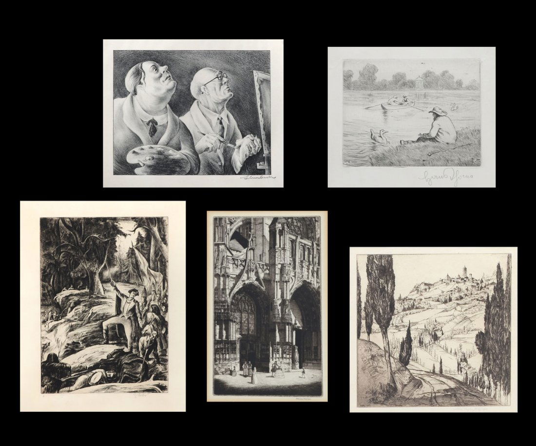 FIVE-PIECE PRINT LOT TO INCLUDE: FIVE-PIECE PRINT LOT TO INCLUDE: 1. Etching by Earl Horter Depicting Either a Scene From The French Indian War or American Revolutionary War, Depicting Soldiers Fighting Indians in the Wilderness, 19.