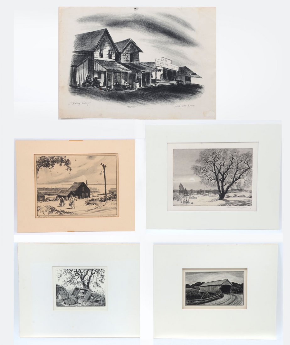 FIVE-PIECE PRINT LOT: FIVE-PIECE PRINT LOT TO INCLUDE: 1. Asa Cheffetz AAA Wood "Covered Bridge", complete with original label, 9.50" x 12.25", pencil signed lower right, mounted to matte with tape in the corners, 14" x 18