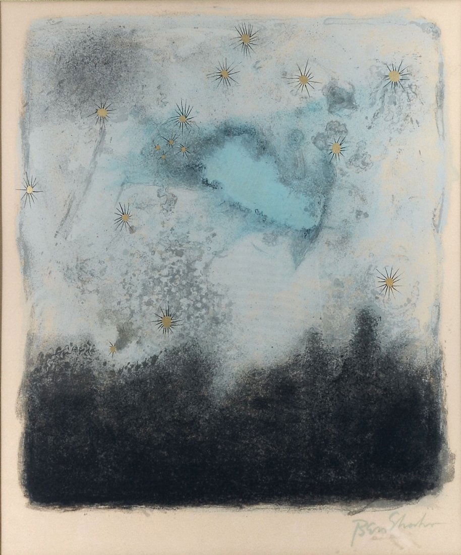 BEN SHAHN ''NIGHTS OF TRAVEL'' LITHOGRAPH: SHAHN, Ben, (American, 1898-1969): "Nights of Travel", Lithograph, Sight size 18 1/2" x 16 1/2", signed in the plate lower right, framed 25 1/2" x 22 1/2", original label affixed version from the Coll