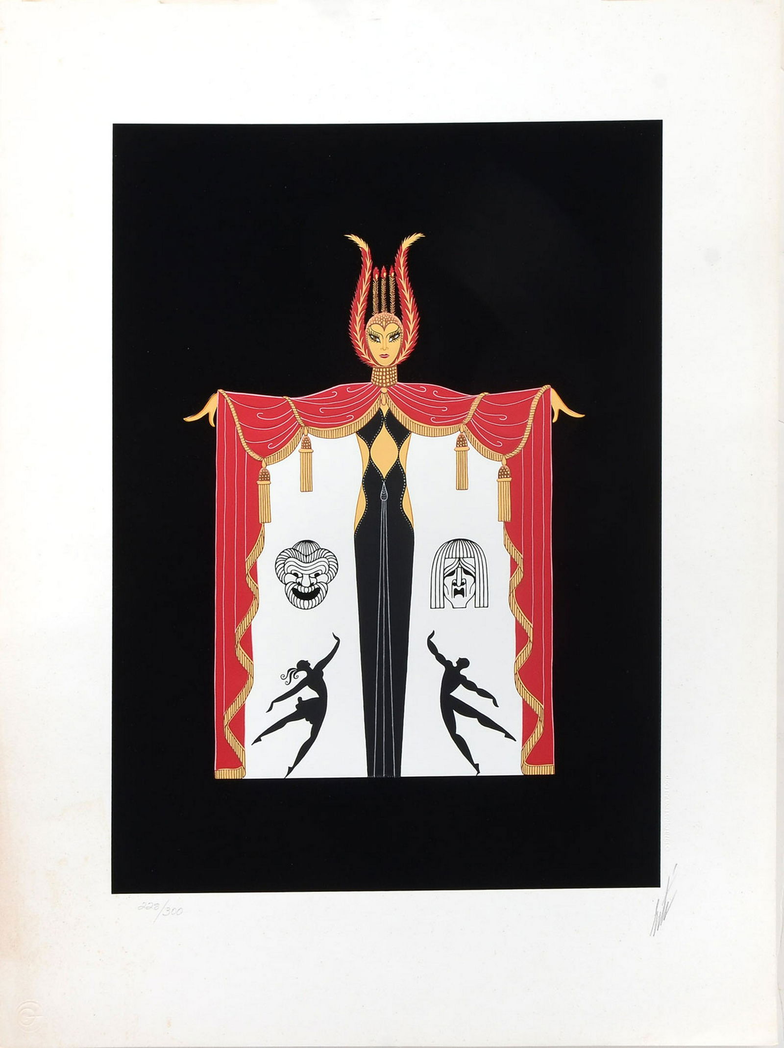 ERTE SERIGRAPH BROADWAY'S IN FASHION: ERTE, (Russian, 1892-1990): "Broadway's in Fashion", Serigraph, 23.5" x 18.5" with margins, pencil signed lower right, numbered 228/300 lower left, 1978 Circle Fine Art blind stamp in right margin as