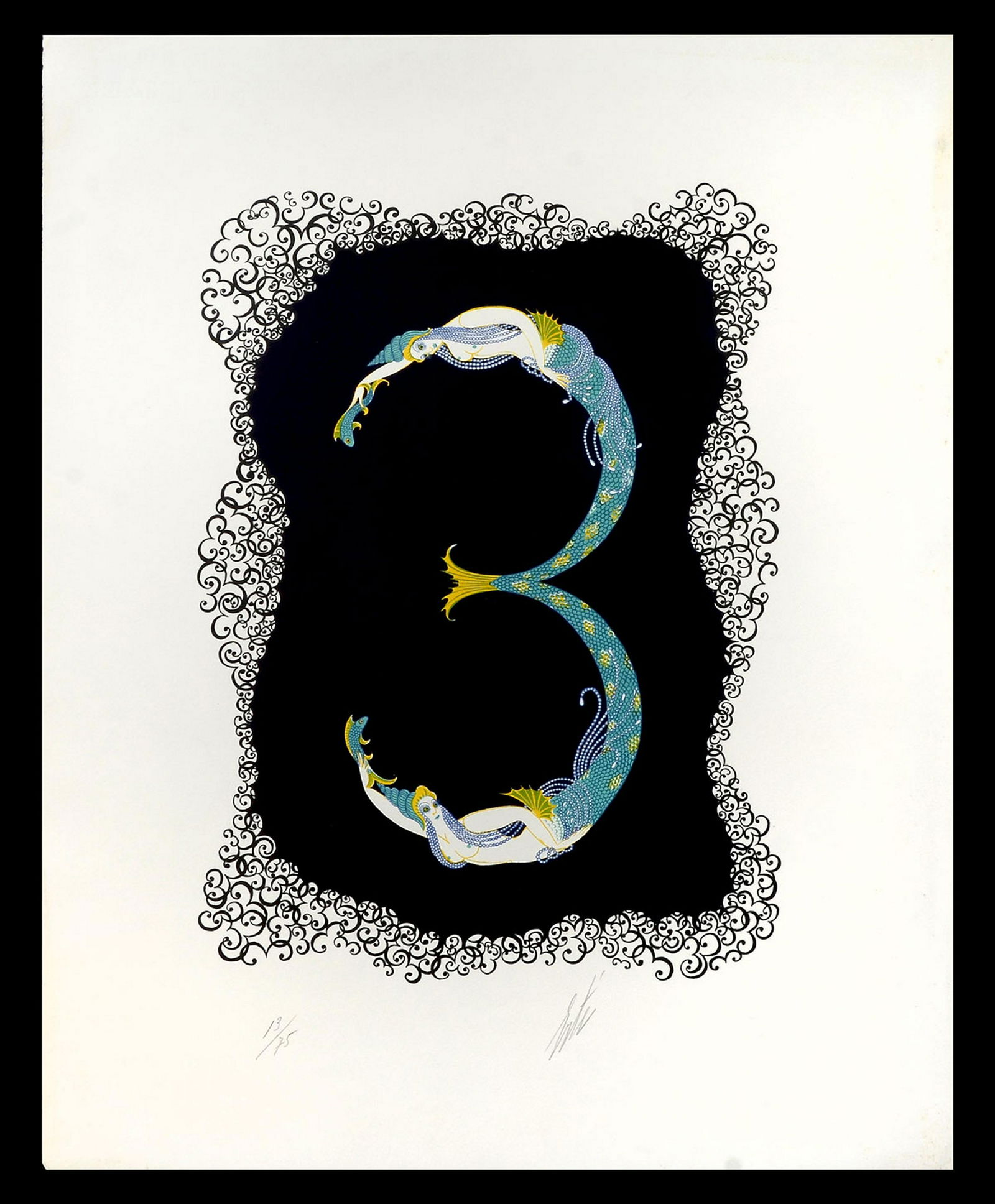 ERTE LITHOGRAPH "3": ERTE, (Russian, 1892-1990): "3", lithograph, 25.5" x 19.75" with margins, pencil signed lower right, numbered 13/75 lower left, unframed.