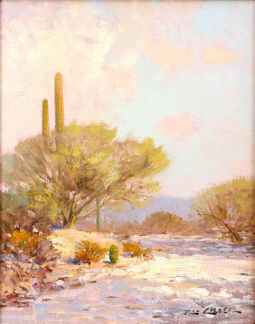 ROD GOEBEL DESERT PAINTING: GOEBEL, Rod (American, 1946-93) Desert Scene with Cactus, O/C, 10" x 8", signed lower right, framed, 15.5" x 13.5". Trailside Galleries label verso. Goebel was a member of the National Academy of West