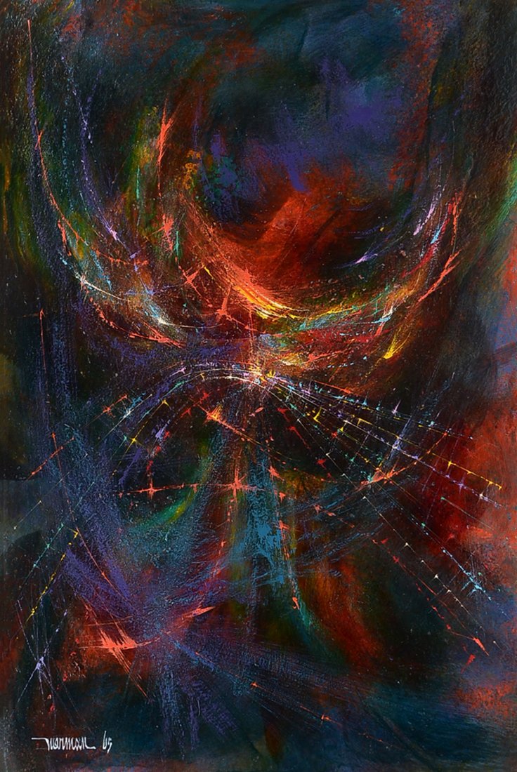 EARLY LEONARDO NIERMAN ABSTRACT PAINTING: NIERMAN, Leonardo, (American, 1932-): Abstract Composition, 24" x 16", signed lower left and dated '65, original frame 30" x 22.25".