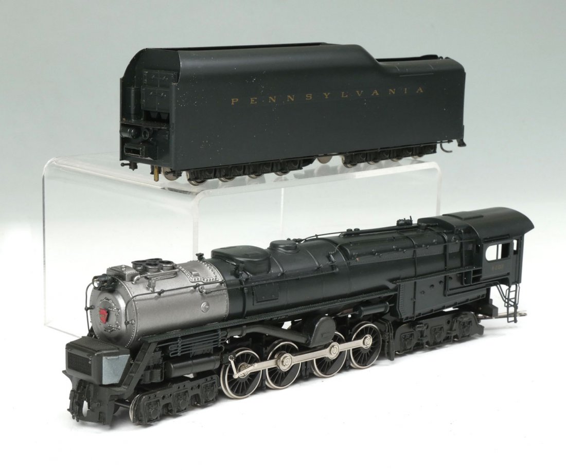 ALCO BLACK PENNSYLVANIA RAILROAD ENGINE & TENDER: ALCO BLACK PENNSYLVANIA RAILROAD ENGINE & TENDER: Pennsylvania RR S-2 6-8-6 TURBINE model train Engine & Tender by ALCO, 1977. In original box. Approx. 2.75" h x 13.75" l x 9" w.