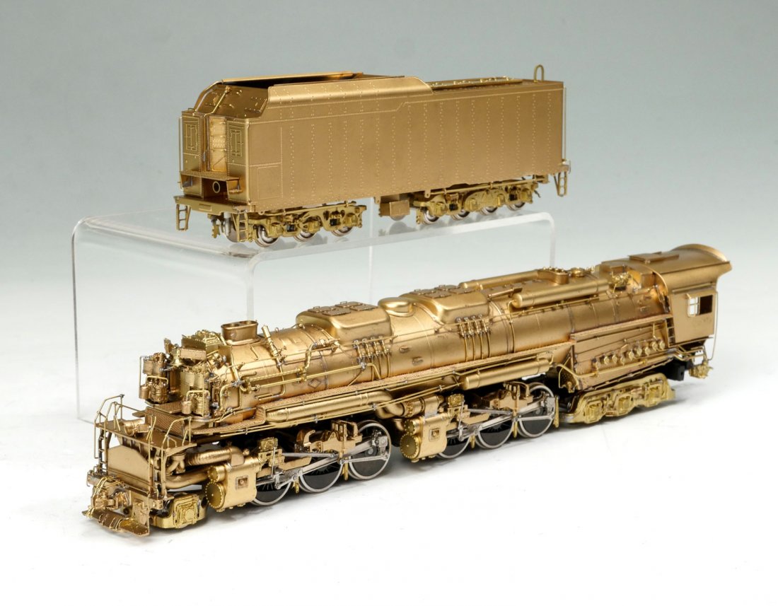 PFM BRASS CHESAPEAKE & OHIO ENGINE & TENDER: PFM BRASS CHESAPEAKE & OHIO ENGINE & TENDER: Chesapeake & Ohio 2-6-6-6 Allegheny H-8 model train Engine & Tender PFM/FUJIYAMA, 1979 GOLD CROWN. In original box. Approx. 3.25" h x 16" l x 9" w. Origina