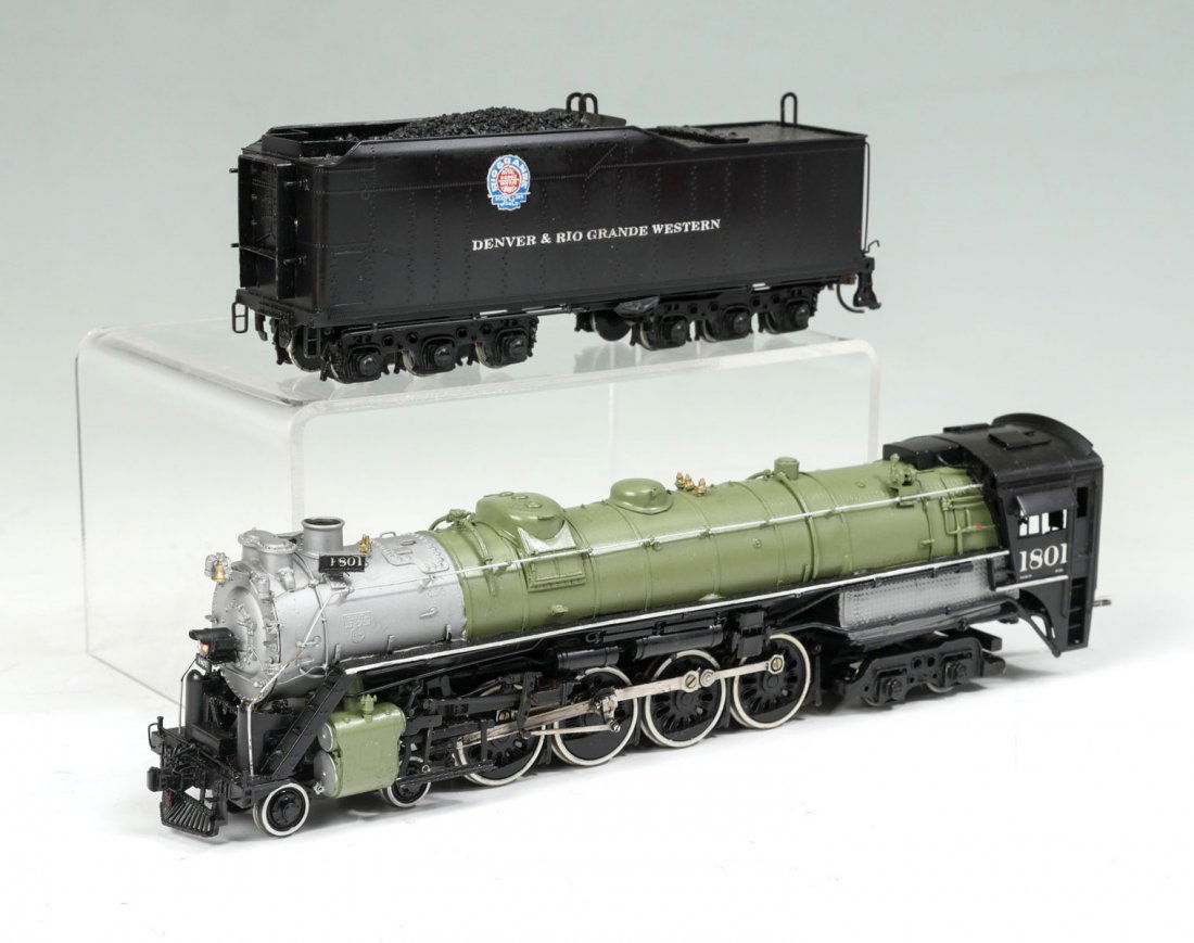 KEY IMPORTS DENVER & RIO GRANDE WESTERN M-68: KEY IMPORTS DENVER & RIO GRANDE WESTERN M-68 CLASS ENGINE & TENDER: Black, grey & green painted Denver & Rio Grande Western M-68 class 4-8-4 Northern model train Engine & Tender, by Key Imports/Samhon