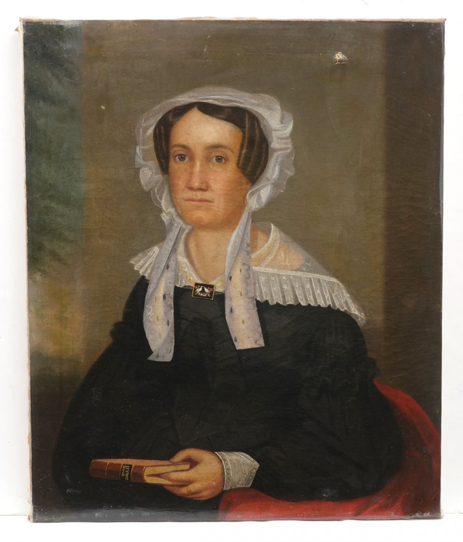 19TH CENTURY AMISH? PORTRAIT PAINTING: 19TH CENTURY AMISH? PORTRAIT PAINTING: Portrait of a Woman Holding a Handbook, O/C, 30" x 25", no visible signature, unframed.