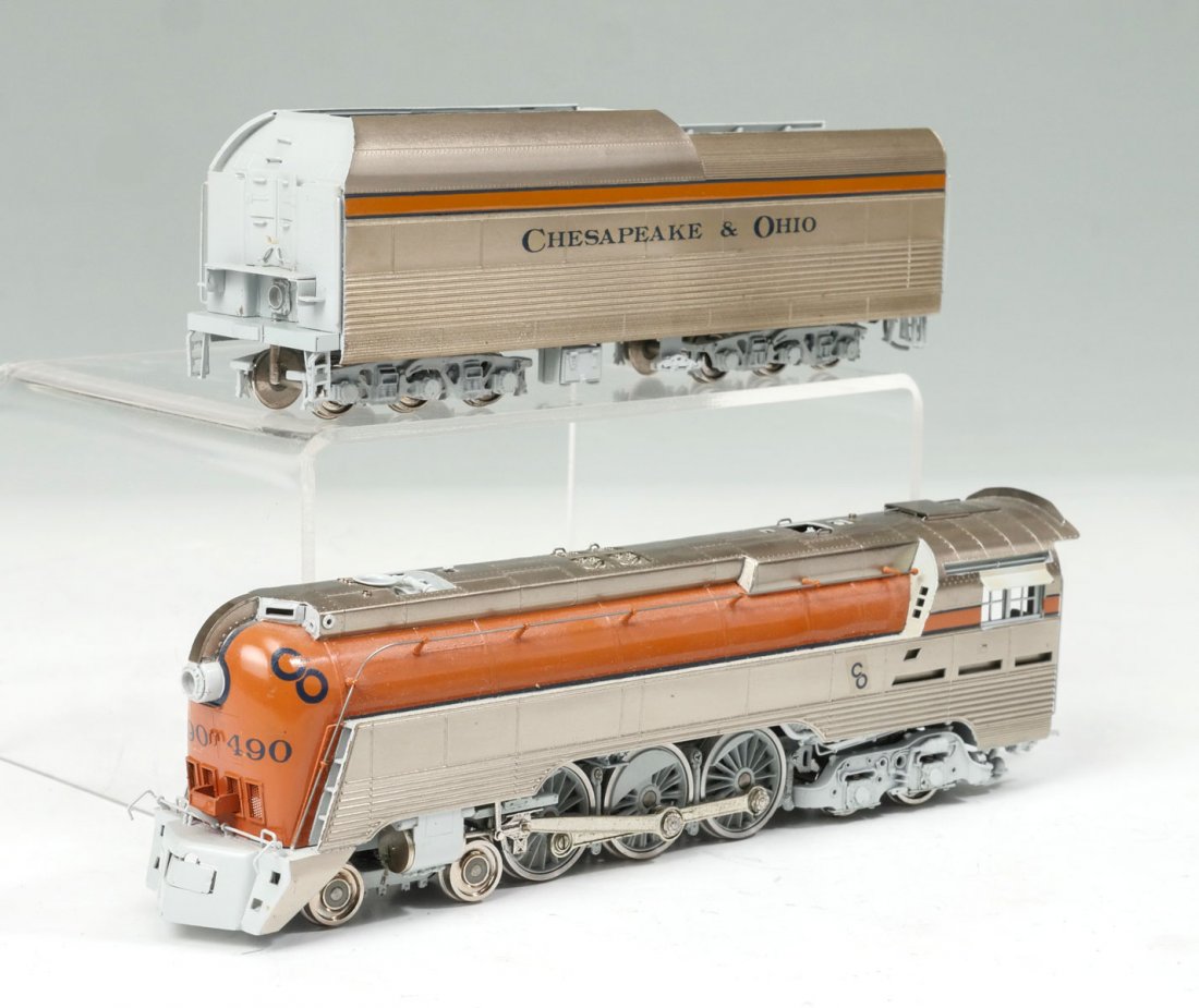PRECISION SCALE CHESAPEAKE & OHIO L-1: PRECISION SCALE CHESAPEAKE & OHIO L-1 ENGINE & TENDER: Orange & Silver painted brass Chesapeake & Ohio L-1 class streamlined Hudson 4-6-4 model train Engine & Tender, by Precision Scale for Iron Horse