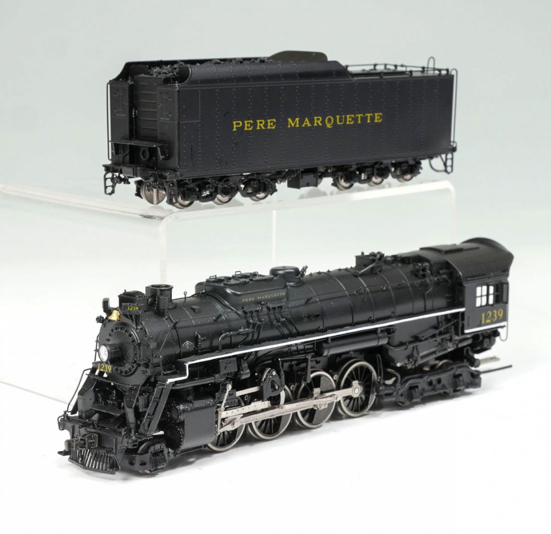 PRECISION SCALE PERE MARQUETTE N-2: PRECISION SCALE PERE MARQUETTE N-2 PAINTED BRASS ENGINE & TENDER: Pere Marquette N-2 2-8-4 Berkshire model train Engine & Tender #1239, Black painted Brass, by Precision Scale Co. for Iron Horse Model