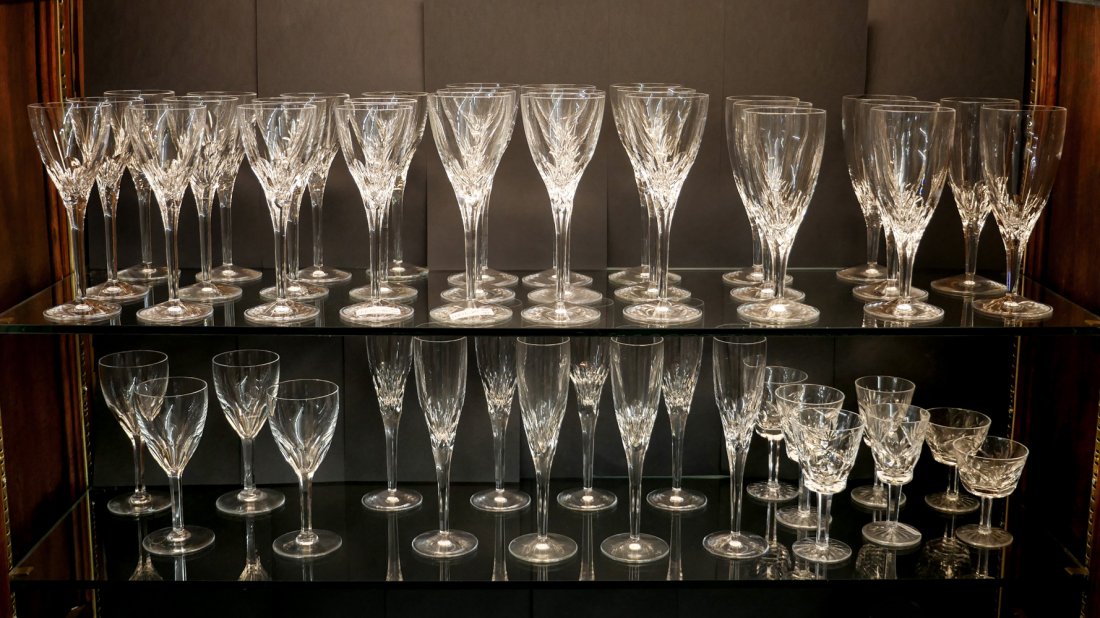 48 PC. WATERFORD STEMWARE: 48 PC. WATERFORD STEMWARE: Comprising; 12- wine glasses, 9- large wine glasses, 8- water glasses, 8- flutes, 11 other stemmed pieces of different patterns. Largest Approx. 8.75" h x 3.25" w.
